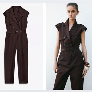 ZARA Brown Sleeveless Jumpsuit with belt - utility styling pockets - Large